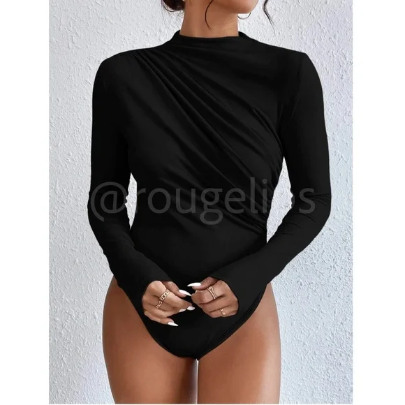 Ruched Asymmetric Black Long Sleeve Bodysuit - Picture 12 of 14